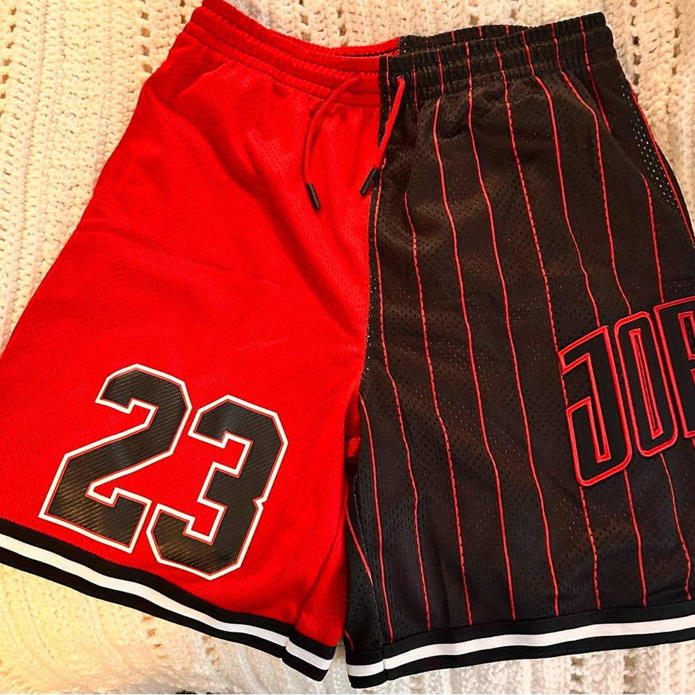 Jordan Red and Black Basketball Shorts with Pinstripes